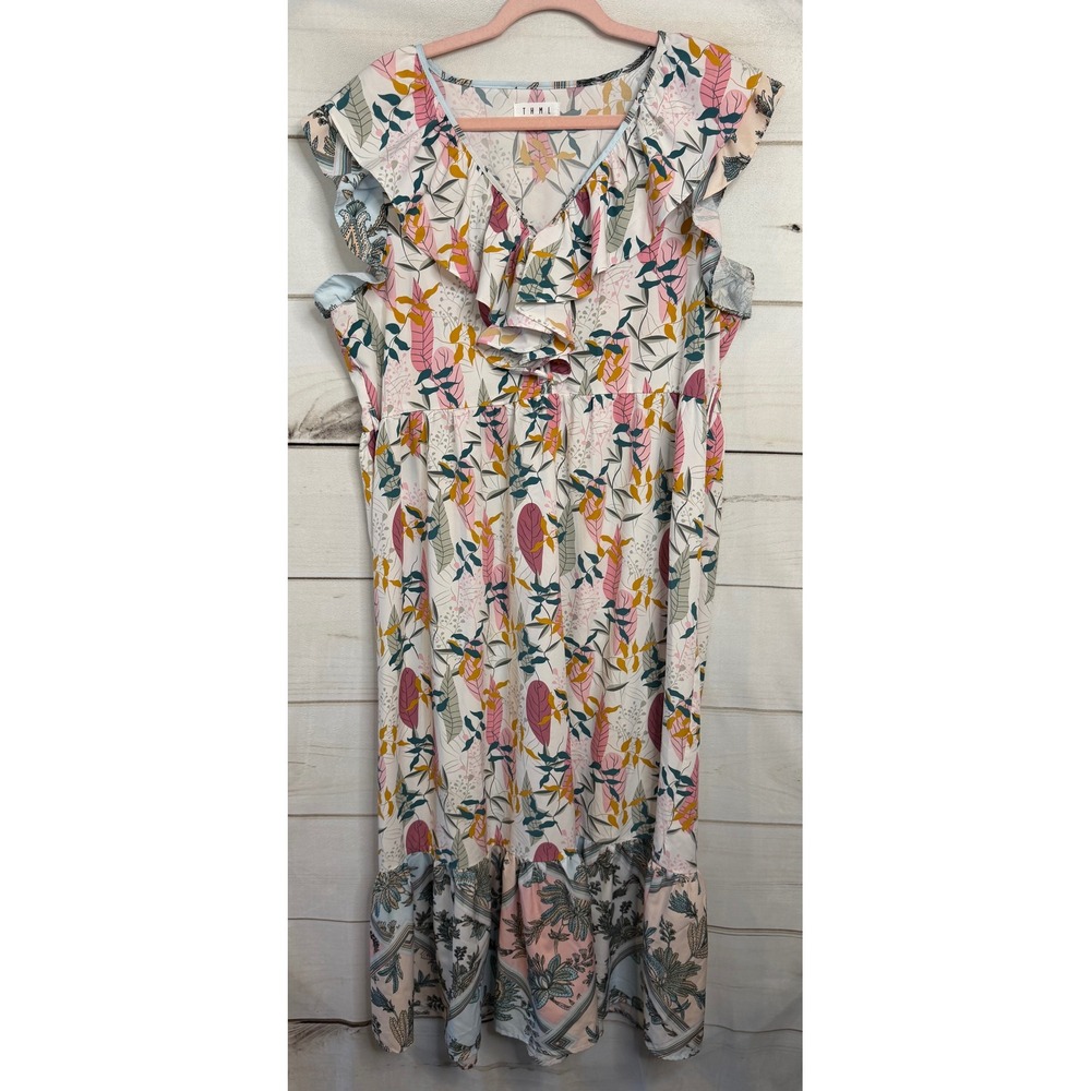 THML Women‎ Floral Ruffle Midi Dress Pink Mustard Teal Flutter Sleeve Large